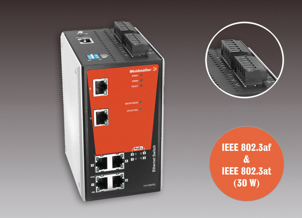 Weidmüller's Power over switches managed and unmanaged 6port switches with four PoE+